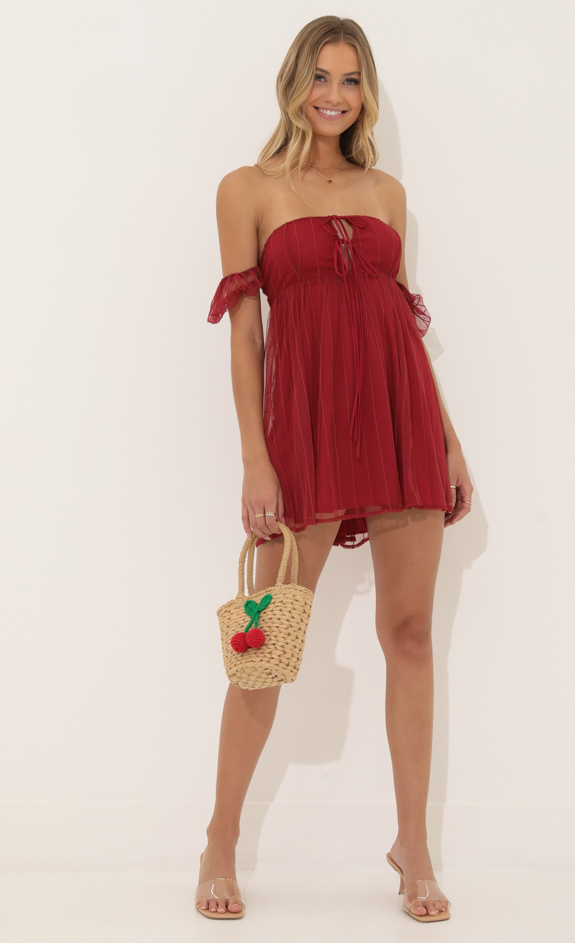 Striped Tulle Baby Doll Dress in Red
