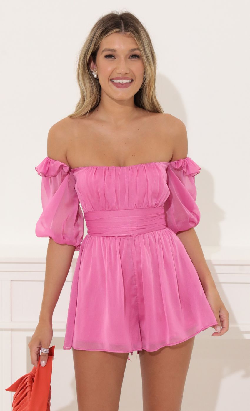 Picture Tracie Chiffon Off The Shoulder Romper in Pink. Source: https://media-img.lucyinthesky.com/data/Jul22/850xAUTO/5264fb4a-998d-4ad1-a8c1-64a89745faaf.jpg