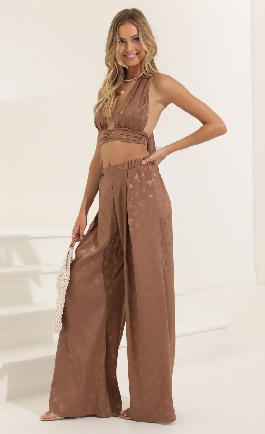 Picture Jacquard Satin Two Piece Pant Set in Brown. Source: https://media-img.lucyinthesky.com/data/Jul22/850xAUTO/63c89faf-581d-4c6a-b7ec-f4a1dcbc16f4.jpg