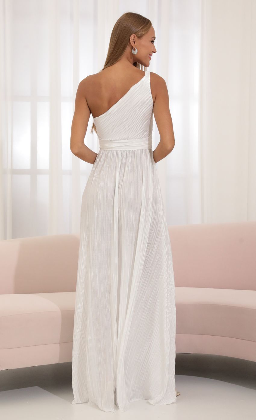 Picture Pleated One Shoulder Dress in White. Source: https://media-img.lucyinthesky.com/data/Jul22/850xAUTO/79ba0962-3e6f-4cd7-b4fe-3f6c84d42166.jpg