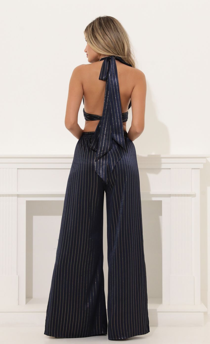 Picture Gold Stripped Satin Two Piece Pant Set in Navy. Source: https://media-img.lucyinthesky.com/data/Jul22/850xAUTO/ec1656fb-6554-4170-84aa-dcd7617e1d7c.jpg