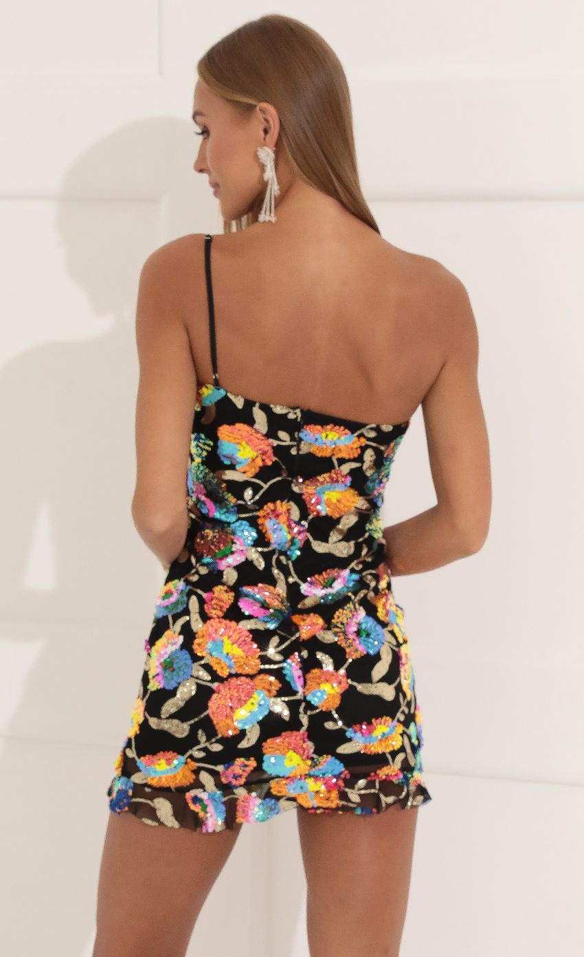 Picture Floral Sequin One Shoulder Dress in Black. Source: https://media-img.lucyinthesky.com/data/Jul22/850xAUTO/fbea2c9e-0c0a-48a6-884d-9d99b3dd4c37.jpg
