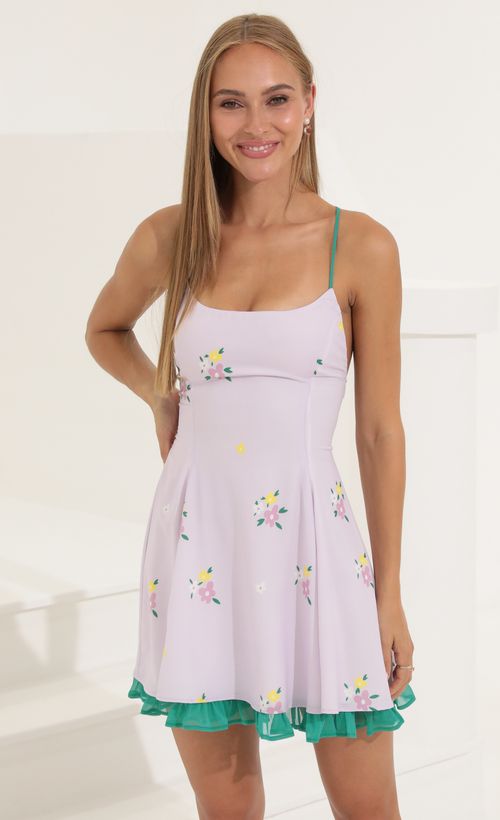 lucy in the sky purple flower dress Floral Strap Flare Dress in Lavender