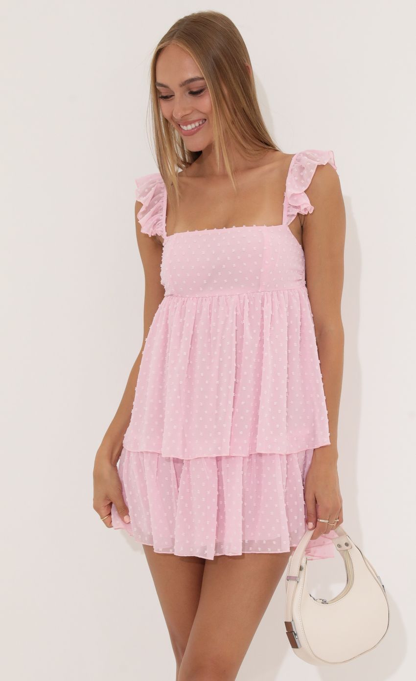 Picture Dotted Chiffon Ruffle Dress in Pink. Source: https://media-img.lucyinthesky.com/data/Jul22_1/850xAUTO/1V9A7636.JPG