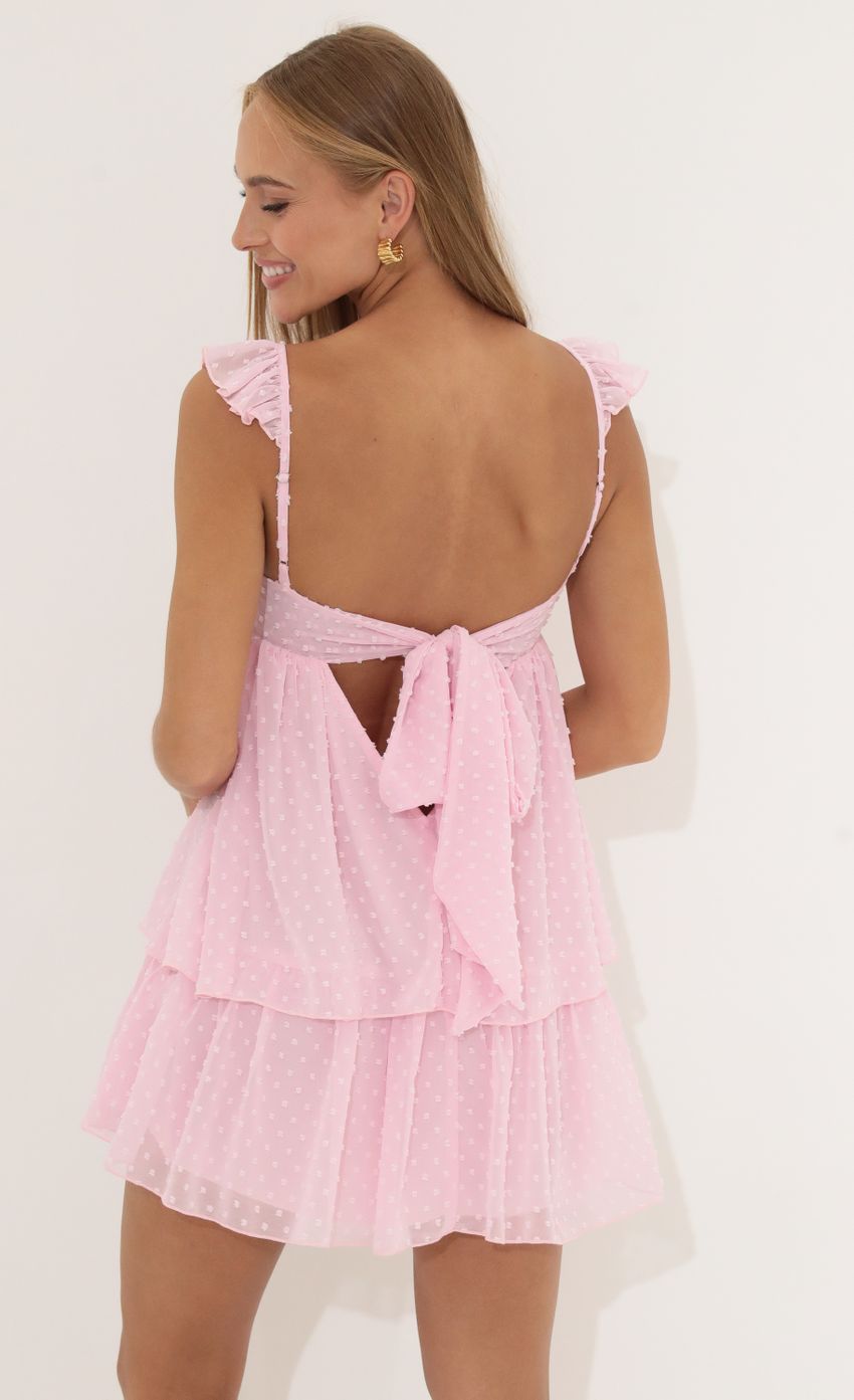 Picture Dotted Chiffon Ruffle Dress in Pink. Source: https://media-img.lucyinthesky.com/data/Jul22_1/850xAUTO/1V9A7748.JPG