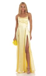 Picture Caitlin Satin Slit Maxi Dress in Gold. Source: https://media-img.lucyinthesky.com/data/Jul23/150xAUTO/78cf42ad-4701-451e-b93c-d940fdf38909.jpg