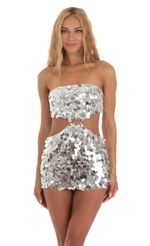 Picture Silver Sequin Cutout Dress in White. Source: https://media-img.lucyinthesky.com/data/Jul23/150xAUTO/97ea75ec-fe08-4019-a4c4-bb664bd486a4.jpg
