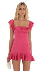 Picture Ruffle Mini Dress in Pink. Source: https://media-img.lucyinthesky.com/data/Jul23/150xAUTO/c2826fb1-bc5e-4038-b655-294912f1a4b4.jpg
