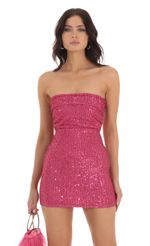 Picture Sequin Strapless Mini Dress in Pink. Source: https://media-img.lucyinthesky.com/data/Jul23/150xAUTO/e19bb4cc-9192-4e43-91fa-7463638549df.jpg