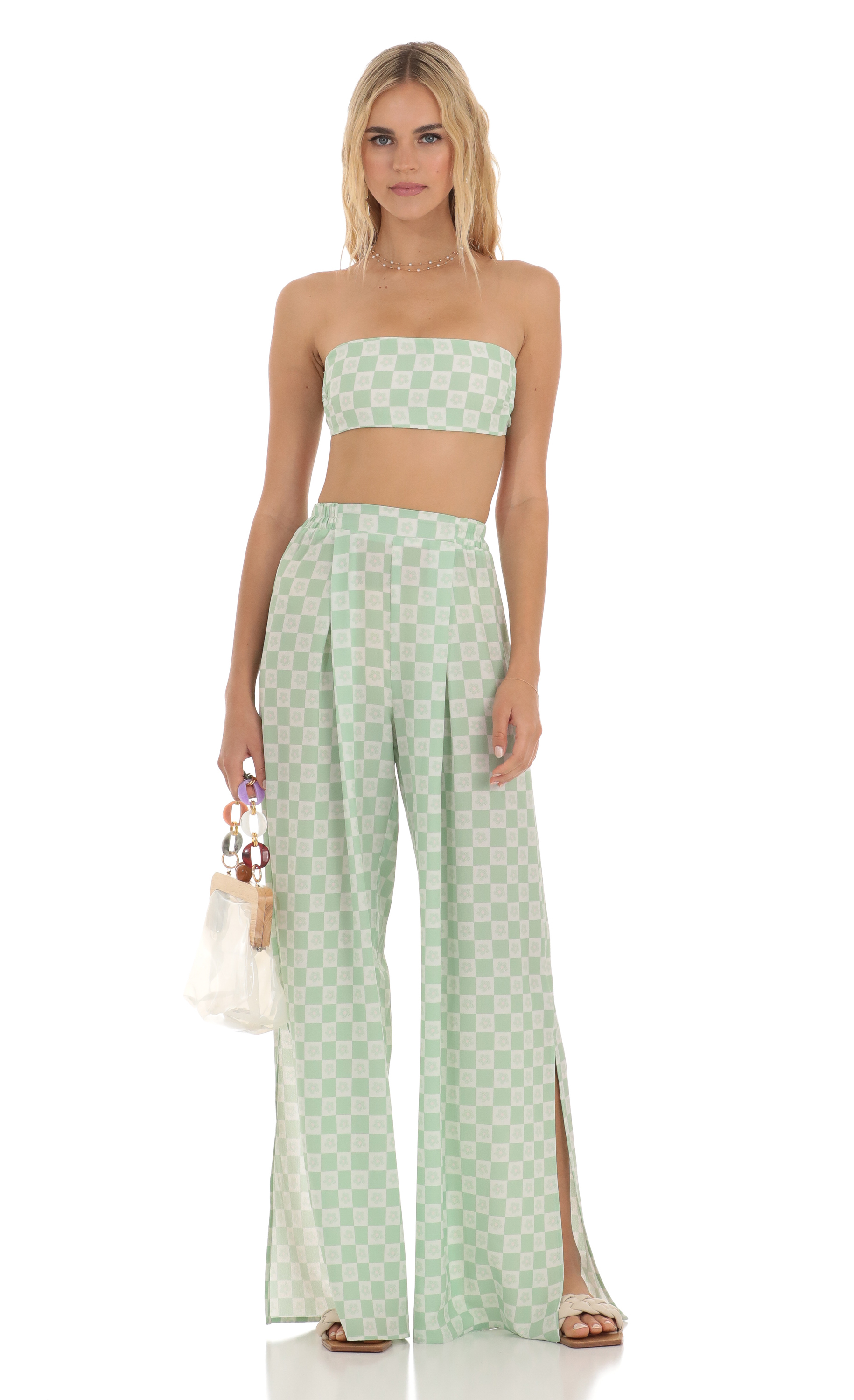 Checkered Floral Two Piece Set in Green
