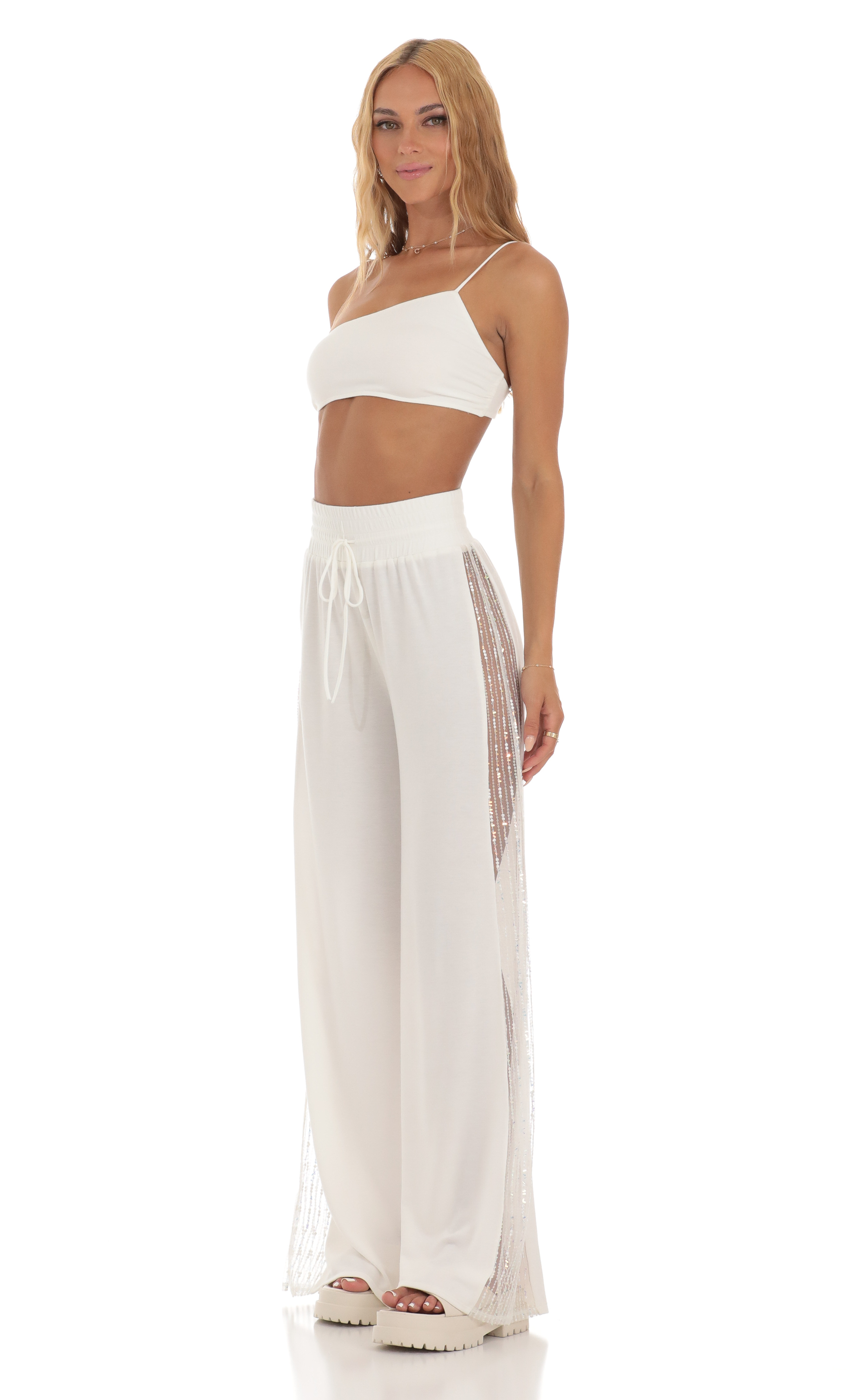 Sequin One Shoulder Two Piece Set in White