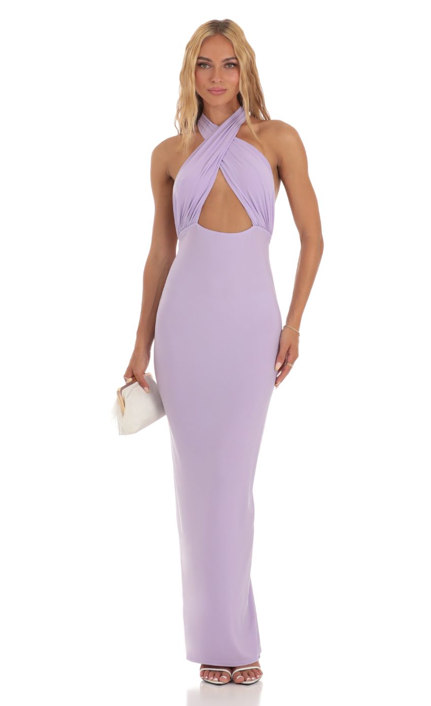Picture Front Cross Halter Maxi Dress in Lavender. Source: https://media-img.lucyinthesky.com/data/Jul23/850xAUTO/28b50fd0-d3b8-4929-9350-82a4619e6d8b.jpg