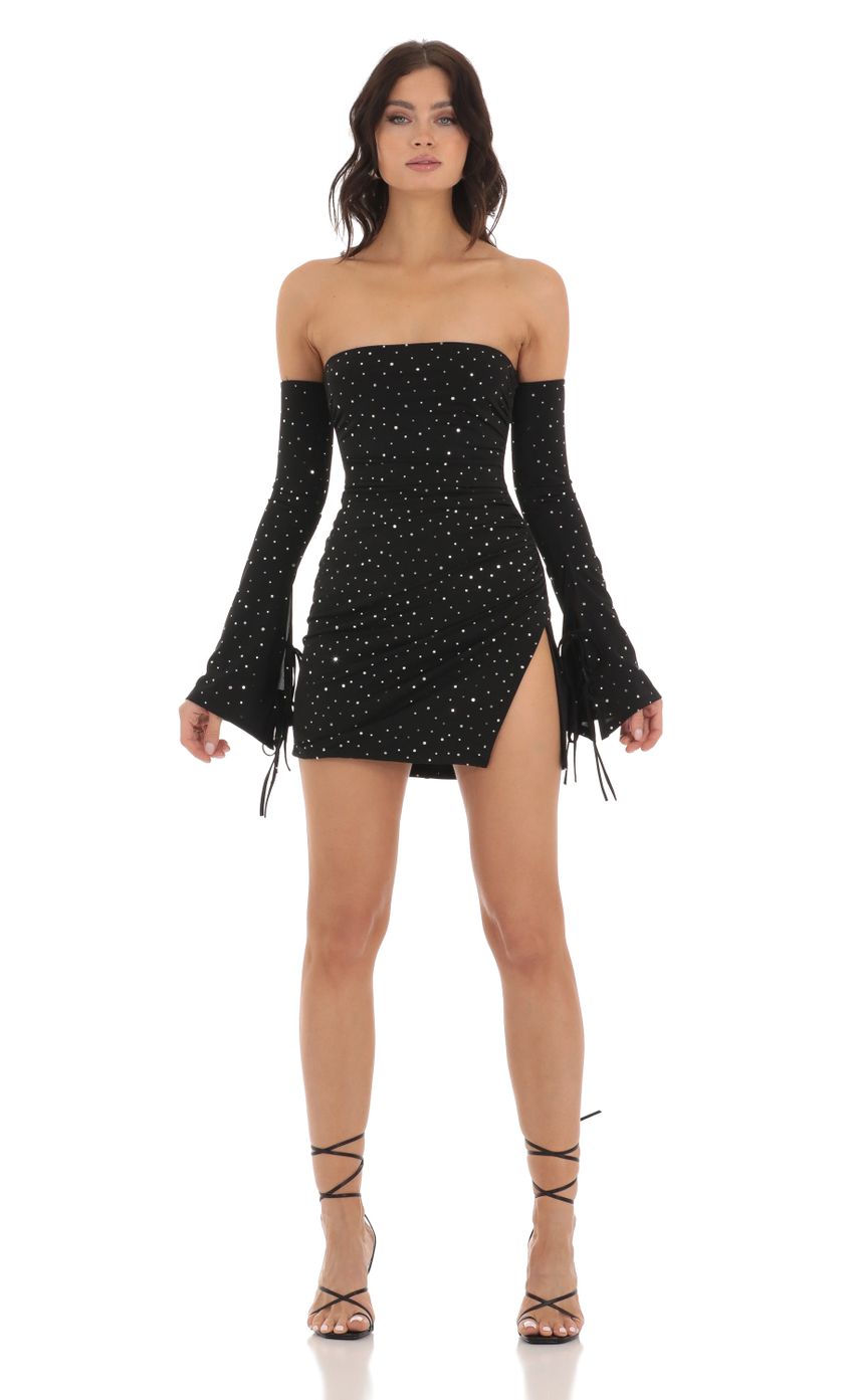 Picture Ina Shimmer Bell Sleeve Dress in Black. Source: https://media-img.lucyinthesky.com/data/Jul23/850xAUTO/42962525-ddc6-4d5f-baa3-2f444eba0745.jpg