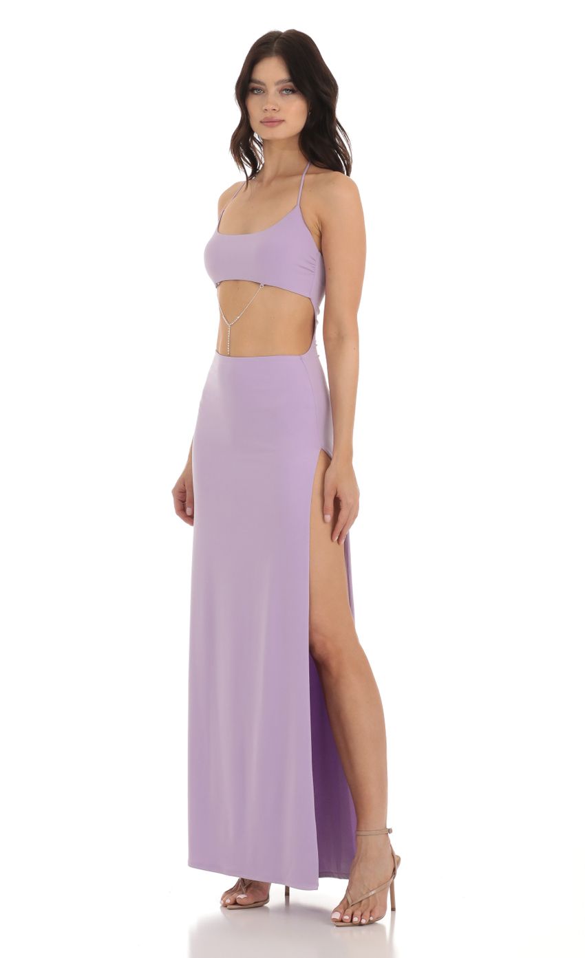 Picture Rhinestone Cutout Maxi Dress in Purple. Source: https://media-img.lucyinthesky.com/data/Jul23/850xAUTO/4e5e3700-b842-424a-bcba-b7ba90f0f507.jpg
