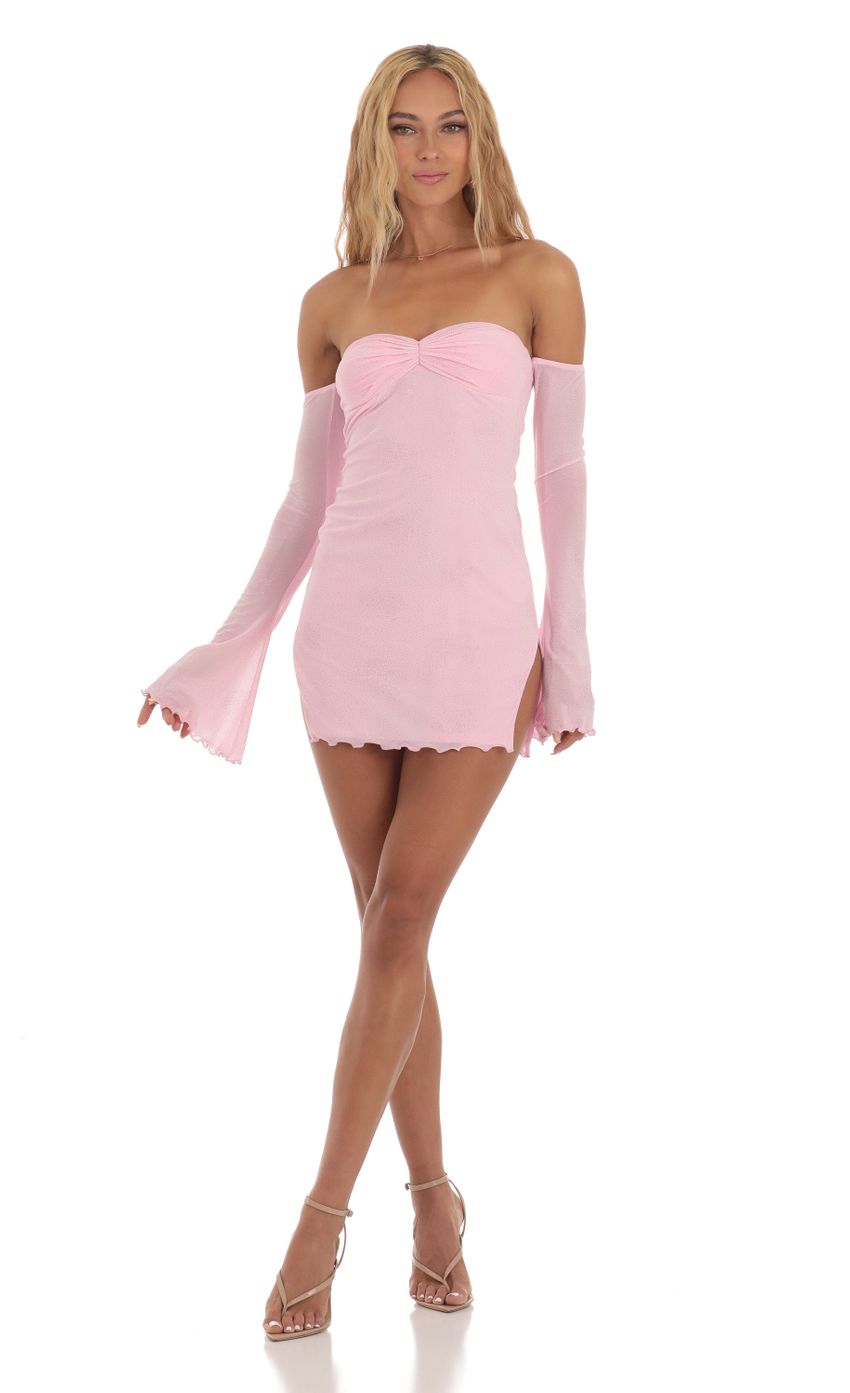 Picture Shimmer Off Shoulder Bodycon Dress in Pink. Source: https://media-img.lucyinthesky.com/data/Jul23/850xAUTO/517fde73-081f-49ec-a81b-df2f4e64c48e.jpg