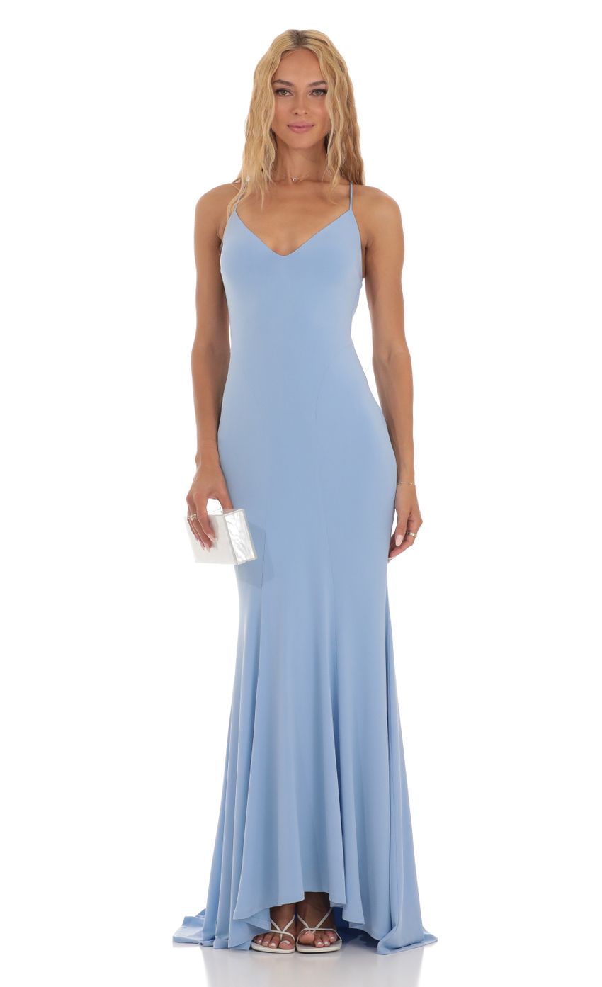 Picture Open Back Maxi Dress in Blue. Source: https://media-img.lucyinthesky.com/data/Jul23/850xAUTO/82535b3f-929c-4bc3-88ca-a4e2ba85d0d4.jpg