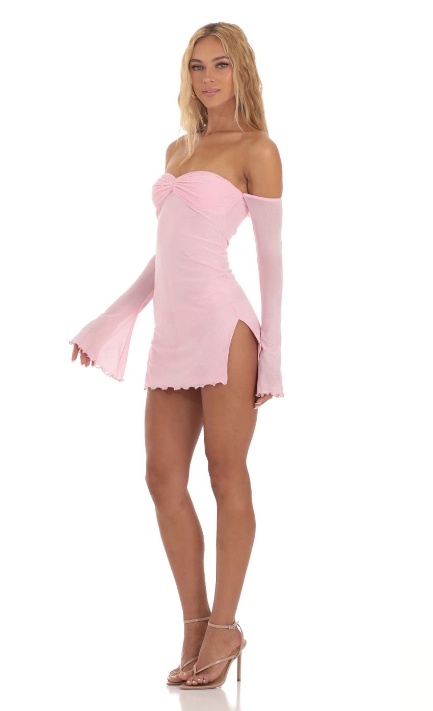 Picture Shimmer Off Shoulder Bodycon Dress in Pink. Source: https://media-img.lucyinthesky.com/data/Jul23/850xAUTO/884729b0-d244-4160-9006-e6a4633520cb.jpg