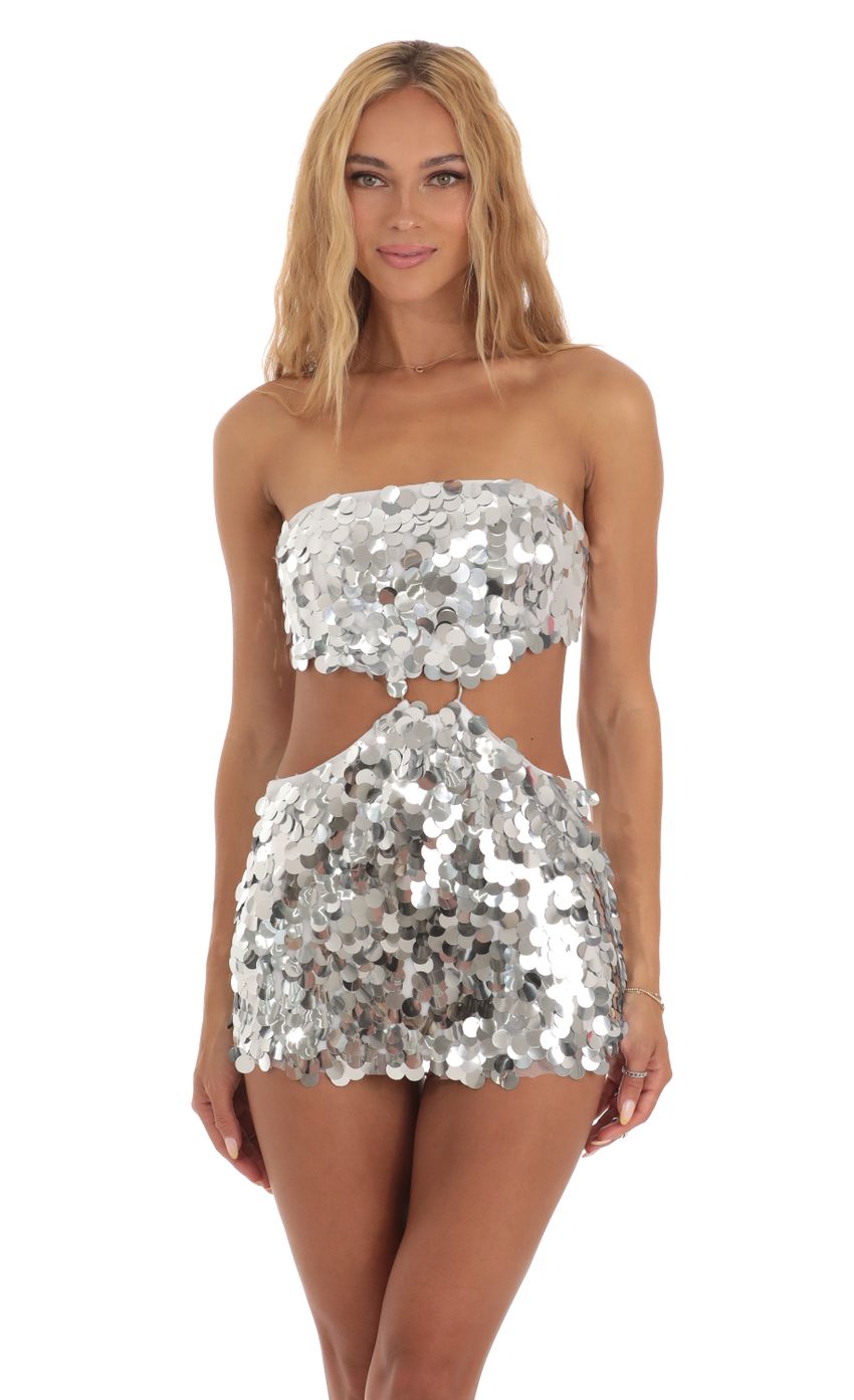 Picture Silver Sequin Cutout Dress in White. Source: https://media-img.lucyinthesky.com/data/Jul23/850xAUTO/97ea75ec-fe08-4019-a4c4-bb664bd486a4.jpg