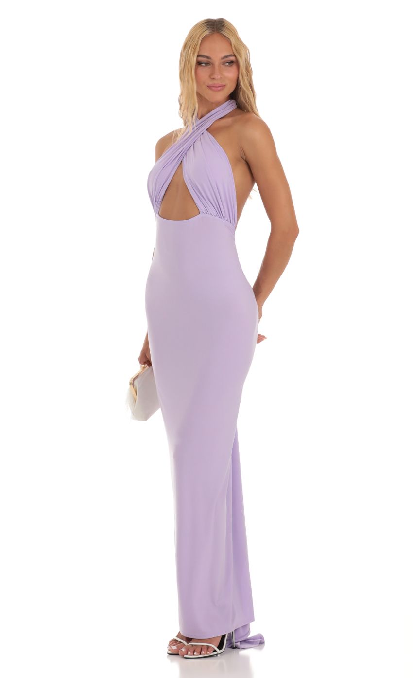 Picture Front Cross Halter Maxi Dress in Lavender. Source: https://media-img.lucyinthesky.com/data/Jul23/850xAUTO/aaf95927-2a60-4d6f-a7e2-0f5770432810.jpg