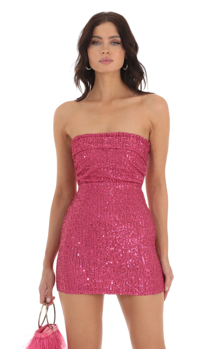 Picture Sequin Strapless Mini Dress in Pink. Source: https://media-img.lucyinthesky.com/data/Jul23/850xAUTO/e19bb4cc-9192-4e43-91fa-7463638549df.jpg