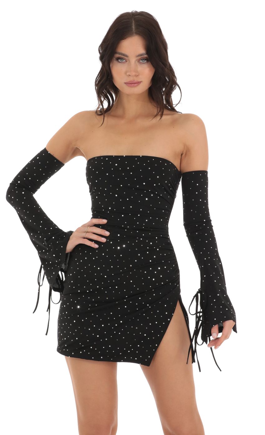 Picture Ina Shimmer Bell Sleeve Dress in Black. Source: https://media-img.lucyinthesky.com/data/Jul23/850xAUTO/e69a9420-edfb-4251-9d2d-7bf9982a7d23.jpg
