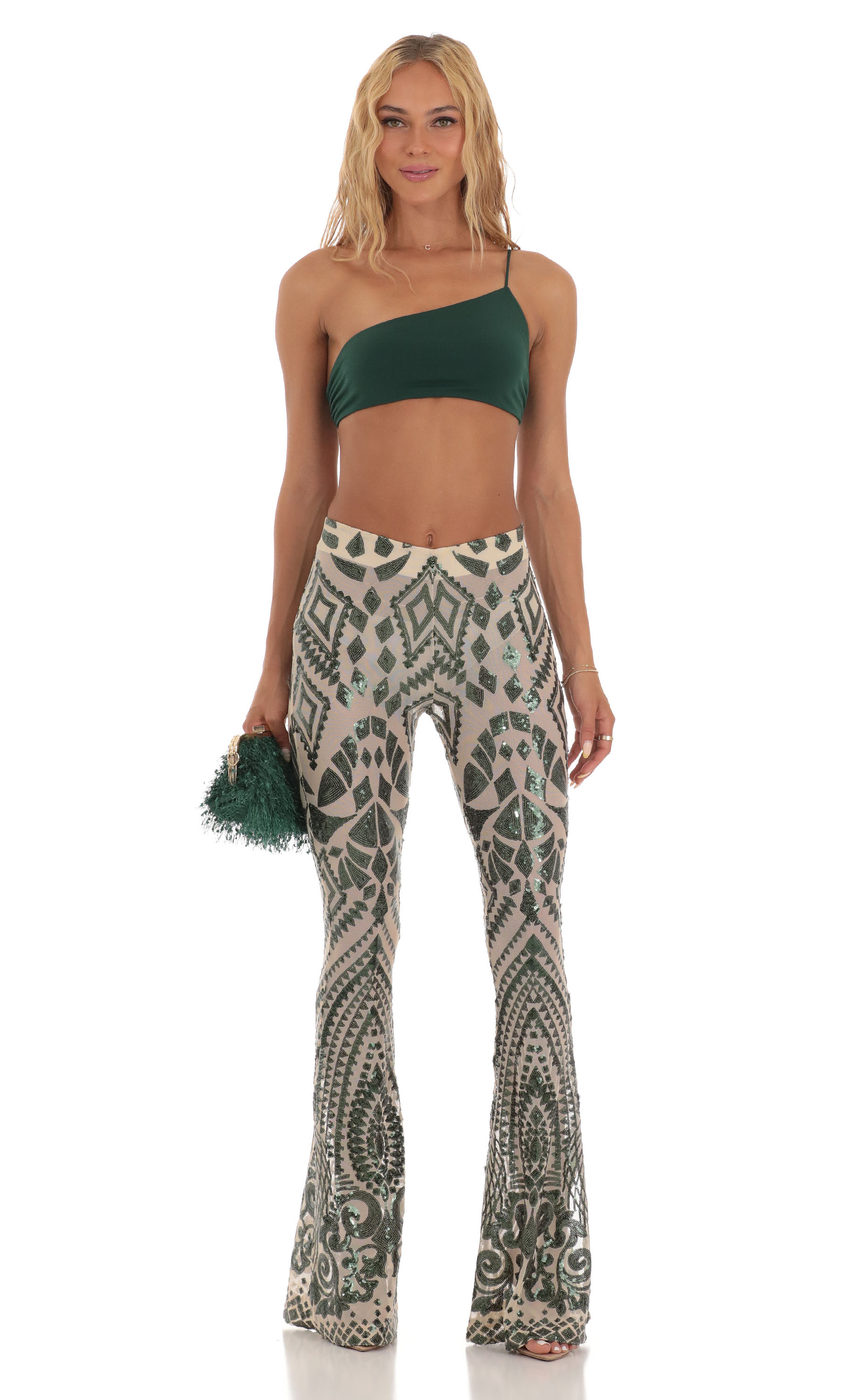 Sequin One Shoulder Two Piece Set in Green