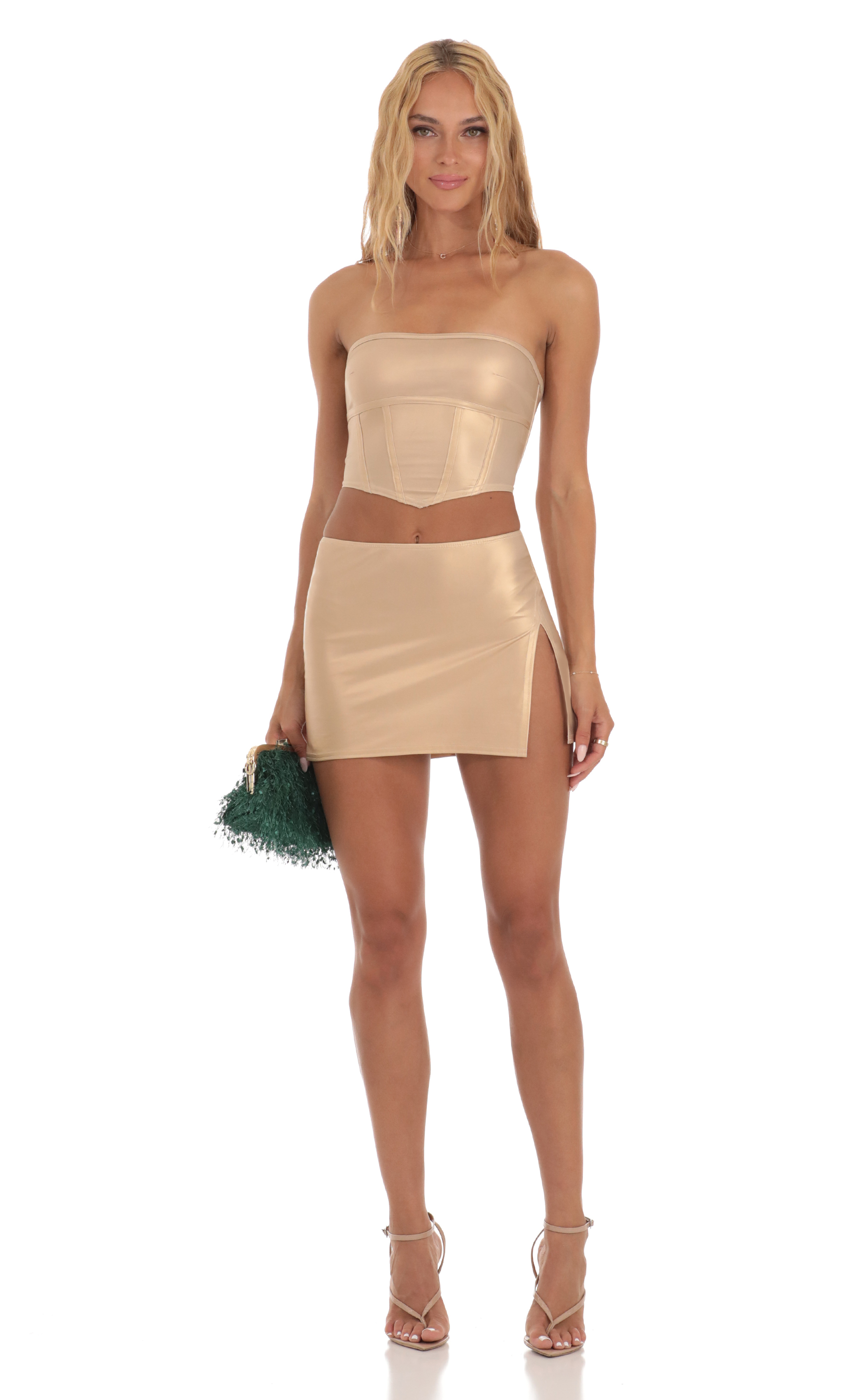 Faux Leather Two Piece Skirt Set in Gold