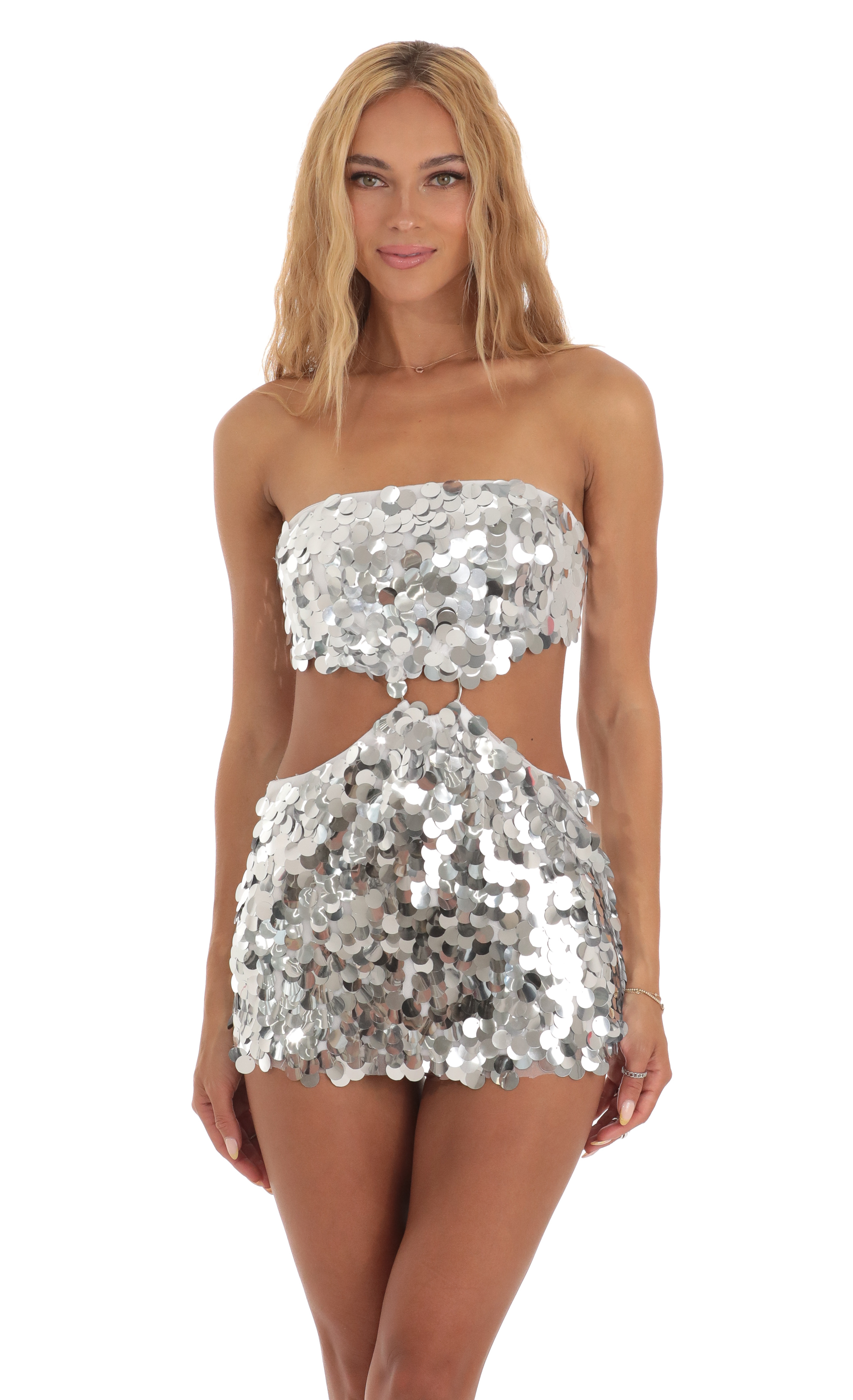 Silver Sequin Cutout Dress in White