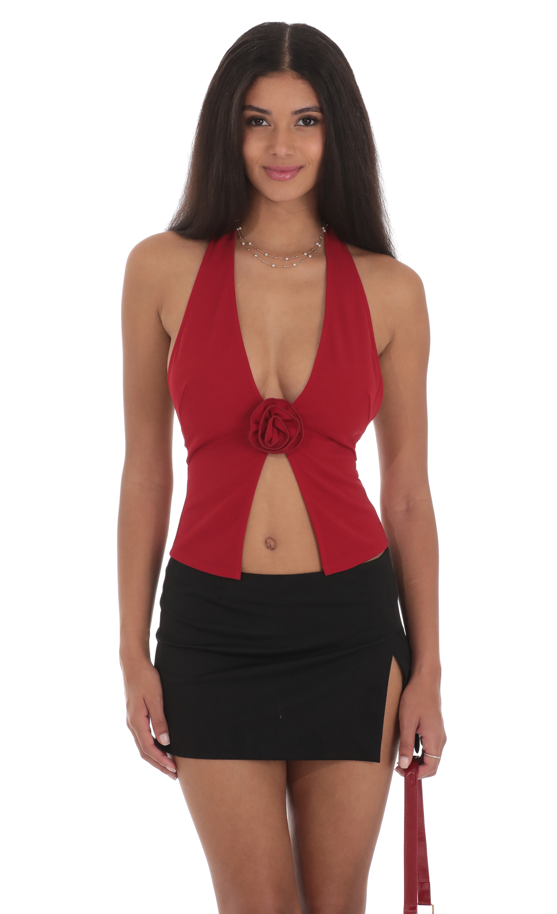 Flower Plunge Neck Top in Red