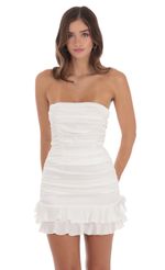 Picture Strapless Ruched Bodycon Dress in White. Source: https://media-img.lucyinthesky.com/data/Jul24/150xAUTO/0df29b63-da96-448d-a475-d2467375cd07.jpg