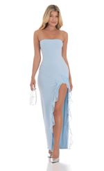 Picture Strapless Mesh Ruffle Slit Dress in Royal Blue. Source: https://media-img.lucyinthesky.com/data/Jul24/150xAUTO/8855c11d-02ec-4162-bf4a-53d3b93666f9.jpg