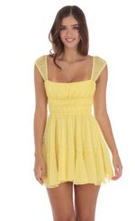 Picture Dotted Chiffon Cap Sleeve Dress in Yellow. Source: https://media-img.lucyinthesky.com/data/Jul24/150xAUTO/9077166b-0e26-4cd7-a437-d0203a6cebf1.jpg