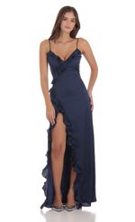 Picture Ruffle V-Neck Maxi Dress in Navy. Source: https://media-img.lucyinthesky.com/data/Jul24/150xAUTO/d2f7a2cc-358d-43d5-b50d-4cd95d7b7fb5.jpg