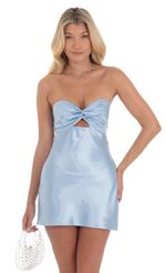 Picture Satin Strapless Twist Cutout Dress in Lilac. Source: https://media-img.lucyinthesky.com/data/Jul24/150xAUTO/e951ba60-7b4c-462d-a504-2117c97c3eea.jpg