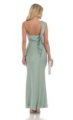 Picture Satin One Shoulder Tassel Maxi Dress in Sage. Source: https://media-img.lucyinthesky.com/data/Jul24/150xAUTO/f7d10414-69aa-410e-a36f-09b6707c12cb.jpg