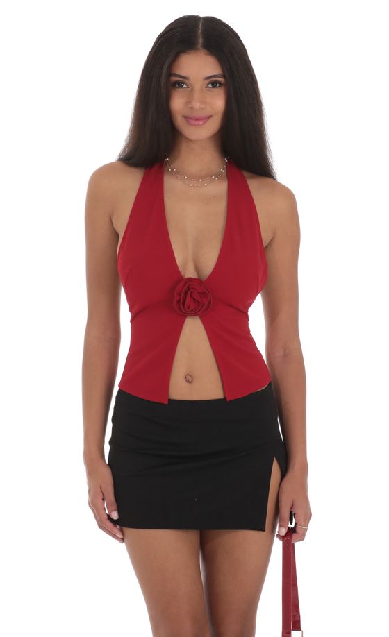 Flower Plunge Neck Top in Red