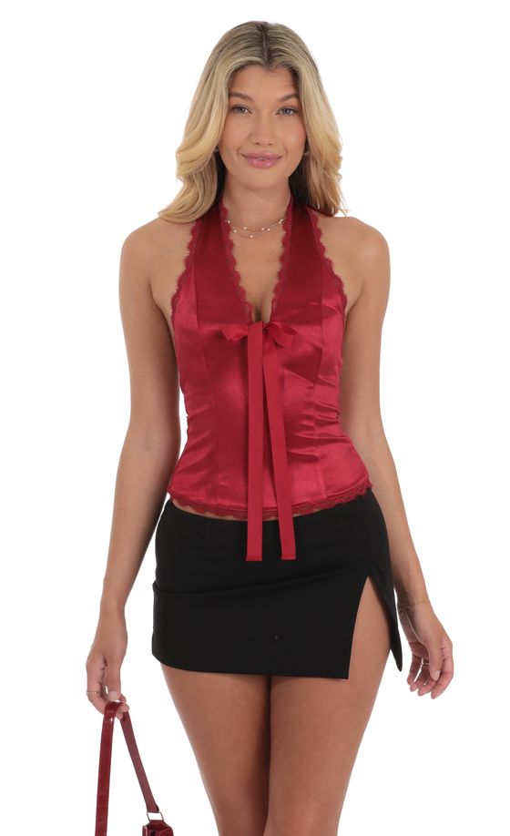 Satin Plunge Neck Top in Red