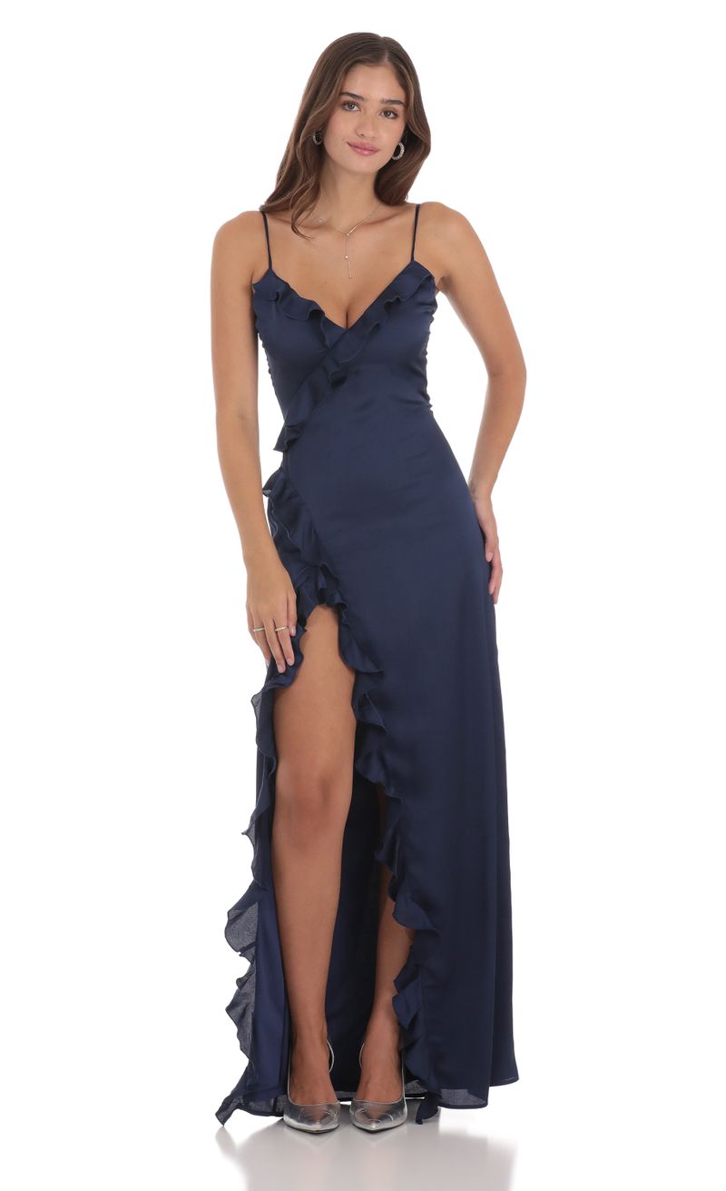 Satin Ruffle V-Neck Maxi Dress in Navy | LUCY IN THE SKY