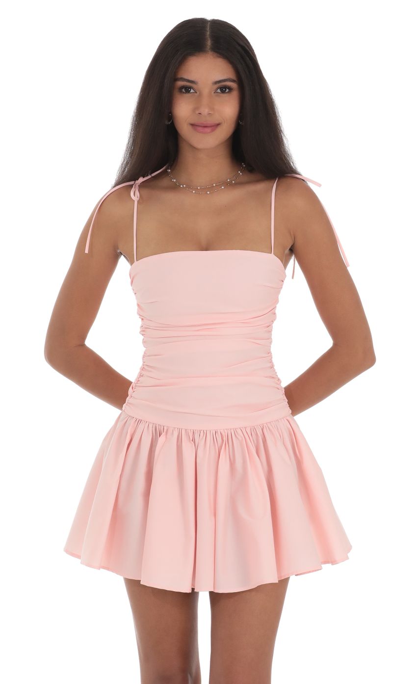 Picture Ruched Fit and Flare Dress in Pink. Source: https://media-img.lucyinthesky.com/data/Jul24/850xAUTO/015ecd0c-fdf0-44a3-8c64-46aa5d56ca85.jpg