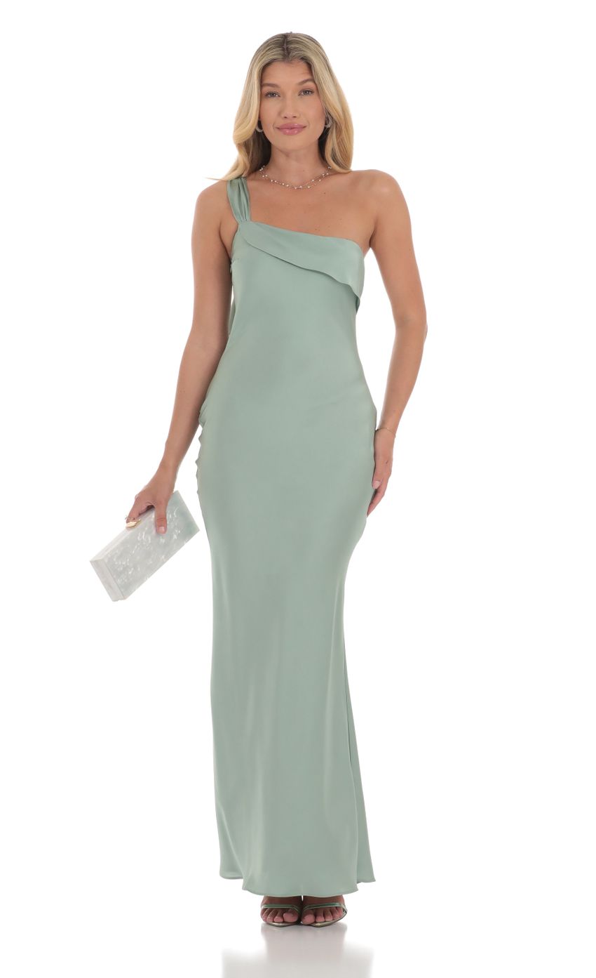 Picture Satin One Shoulder Tassel Maxi Dress in Sage. Source: https://media-img.lucyinthesky.com/data/Jul24/850xAUTO/11c0d32f-7053-49a4-97a3-33c3627954af.jpg