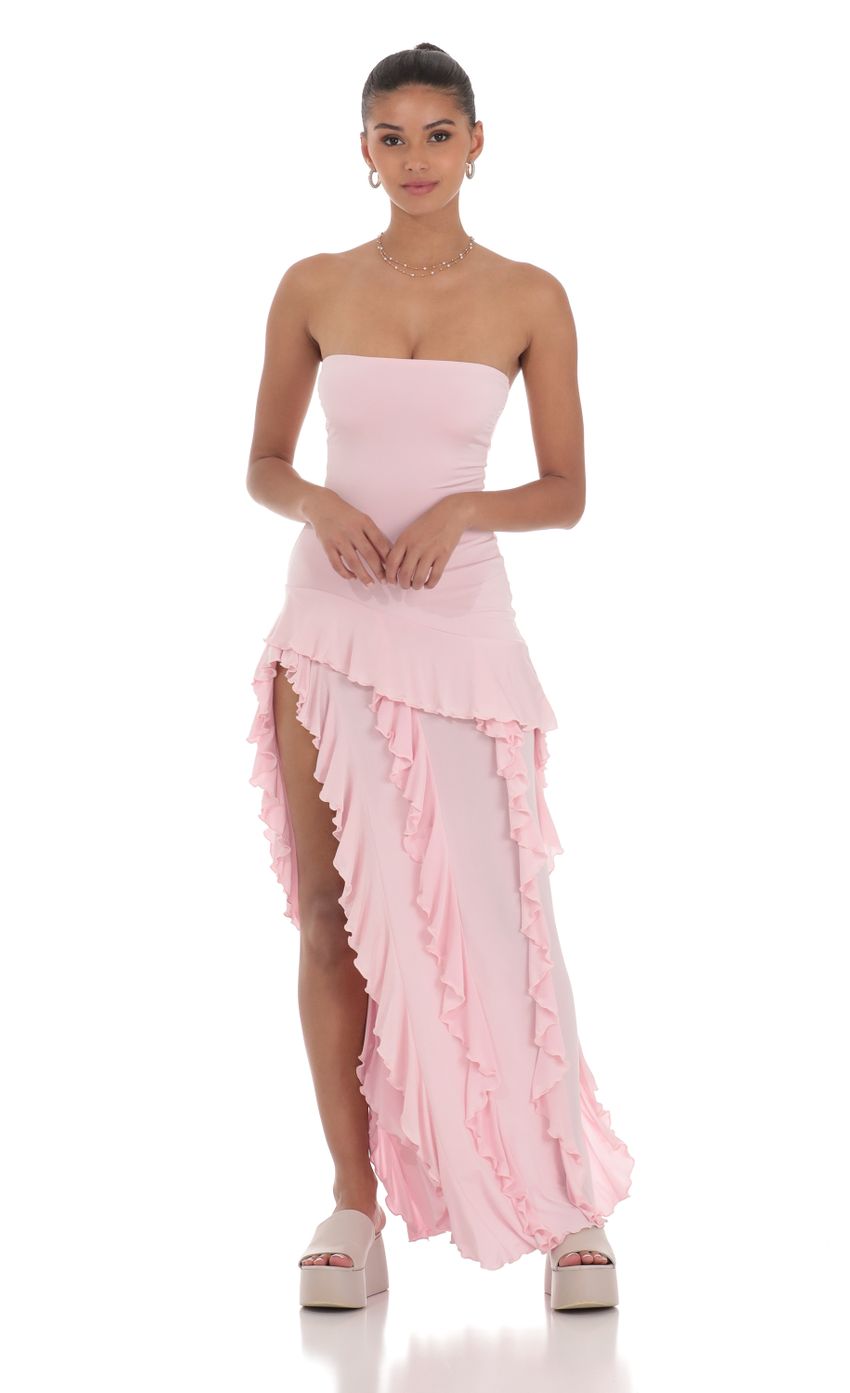 Product image for Strapless Ruffle Maxi Dress in Pink