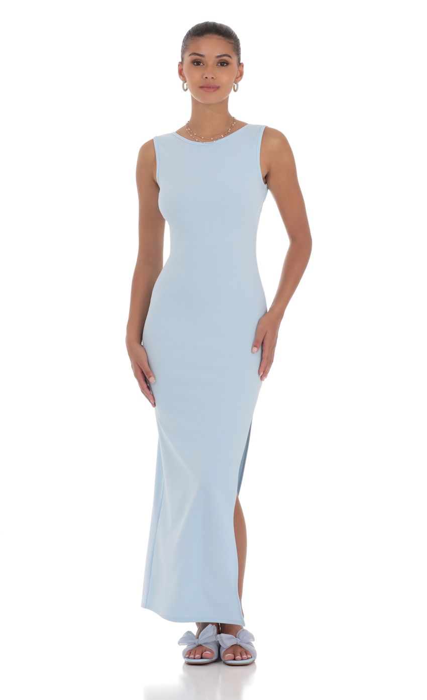 Picture Open Back Bodycon Maxi Dress in Light Blue. Source: https://media-img.lucyinthesky.com/data/Jul24/850xAUTO/1c3507c5-a993-4063-801c-7bfffe5fe448.jpg