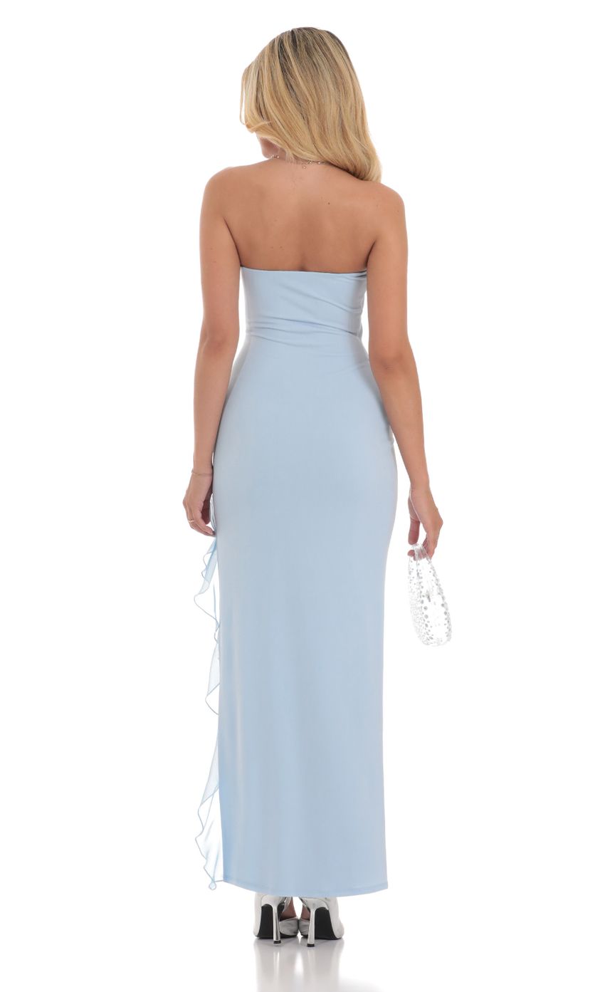 Picture Strapless Ruffle Slit Dress in Blue. Source: https://media-img.lucyinthesky.com/data/Jul24/850xAUTO/1c7e8fa9-dcf0-4a4c-b202-70226a10b570.jpg