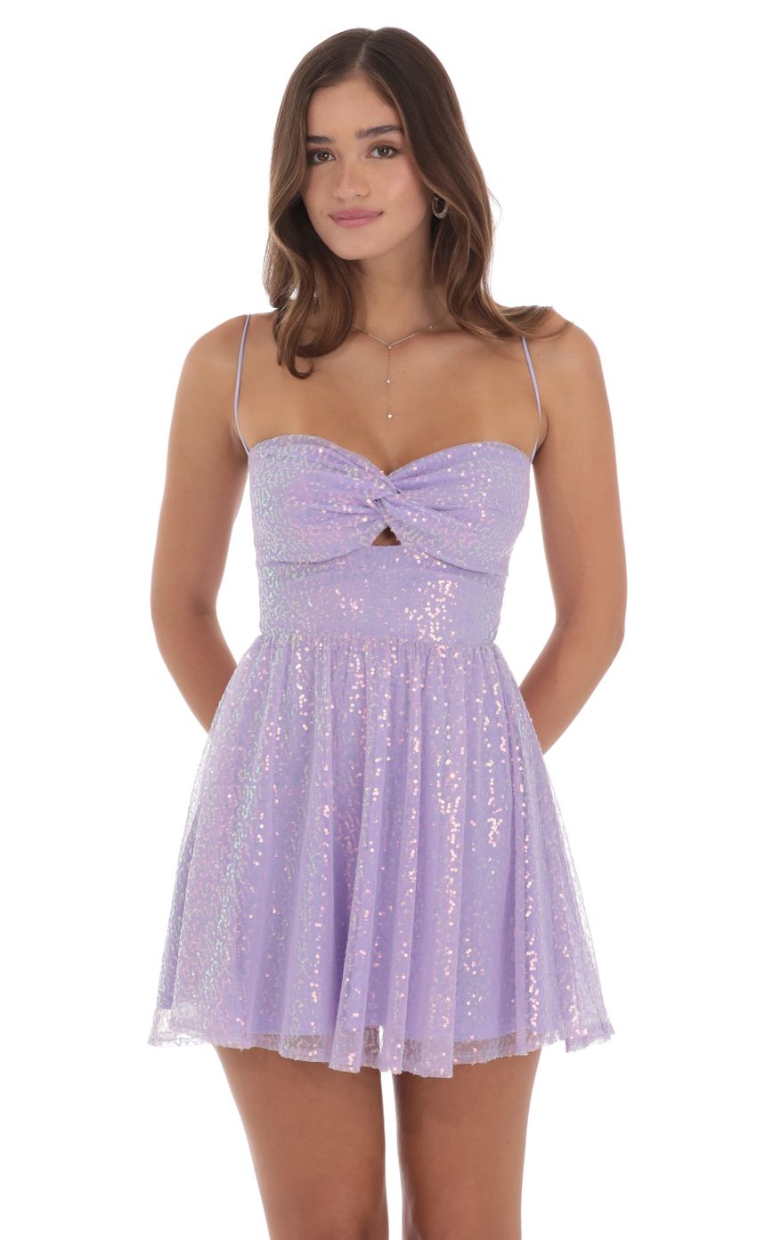 Picture Sequin Twist A-line Dress in Lavender. Source: https://media-img.lucyinthesky.com/data/Jul24/850xAUTO/2a68893c-0079-4fcd-bbe7-ccc4cf9b699e.jpg