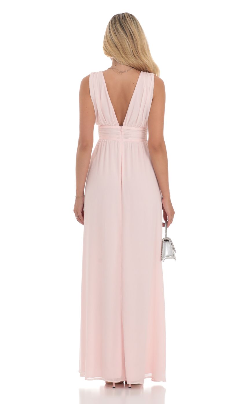 Picture Chiffon Plunge Maxi Dress in Pink. Source: https://media-img.lucyinthesky.com/data/Jul24/850xAUTO/2bd04766-d942-4d81-bb6c-37374b2d3b72.jpg