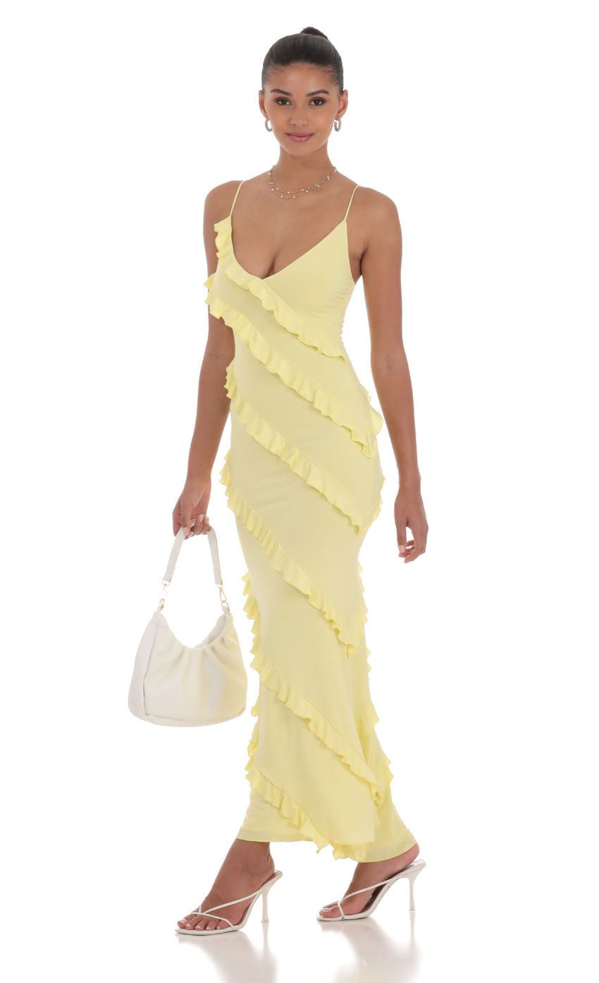 Picture Ruffle V-Neck Maxi Dress in Yellow. Source: https://media-img.lucyinthesky.com/data/Jul24/850xAUTO/2da8725e-7ab3-4011-a3c5-dd490e66149a.jpg