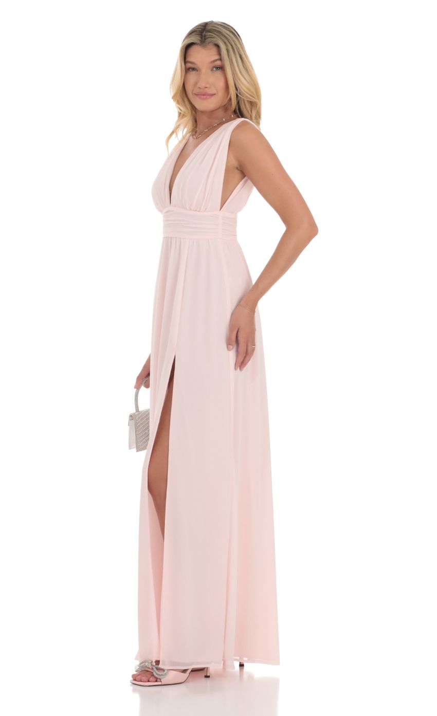 Picture Chiffon Plunge Maxi Dress in Pink. Source: https://media-img.lucyinthesky.com/data/Jul24/850xAUTO/5330d2b8-1e65-41f2-b3d3-dfe6aaeb103d.jpg