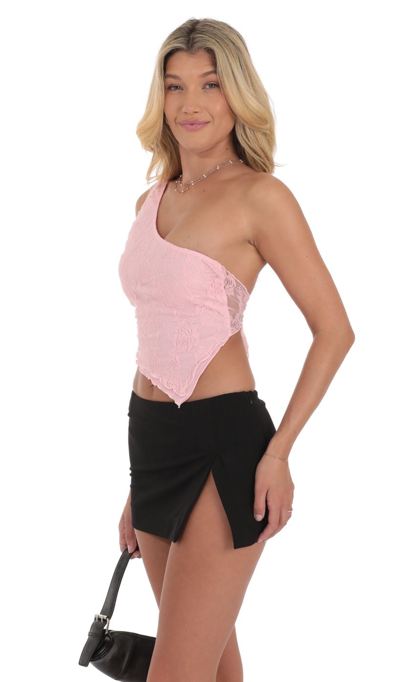 Picture One Shoulder Lace Top in Pink. Source: https://media-img.lucyinthesky.com/data/Jul24/850xAUTO/58553f9c-fb45-49ea-b78f-7928c33ad9c5.jpg