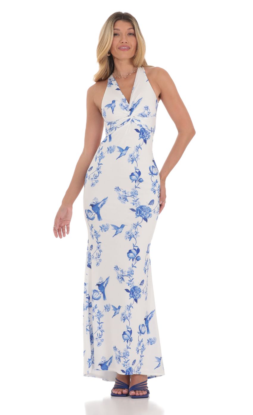 Picture Floral Front Twist Maxi Dress in White. Source: https://media-img.lucyinthesky.com/data/Jul24/850xAUTO/650bec7a-4a64-4b74-8807-94875f05023d.jpg