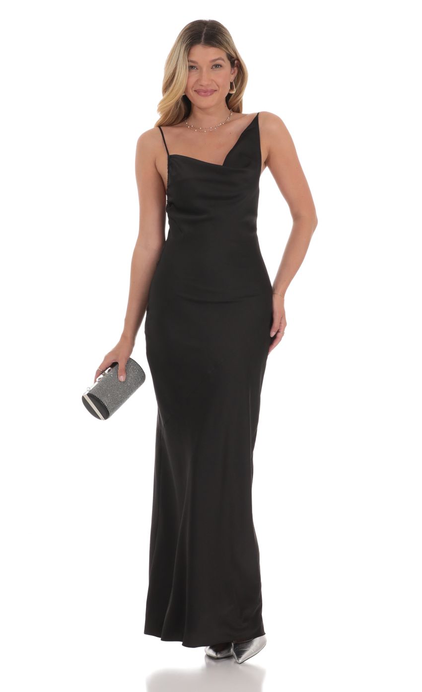 Picture Satin Asymmetrical Cowl Neck Maxi Dress in Black. Source: https://media-img.lucyinthesky.com/data/Jul24/850xAUTO/66a788b7-fca8-4c48-b699-1dcab0f1f264.jpg